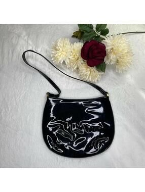 Womens Vintage LEWIS CROWN Black Patent Circle Shape Purse Tote Handbag